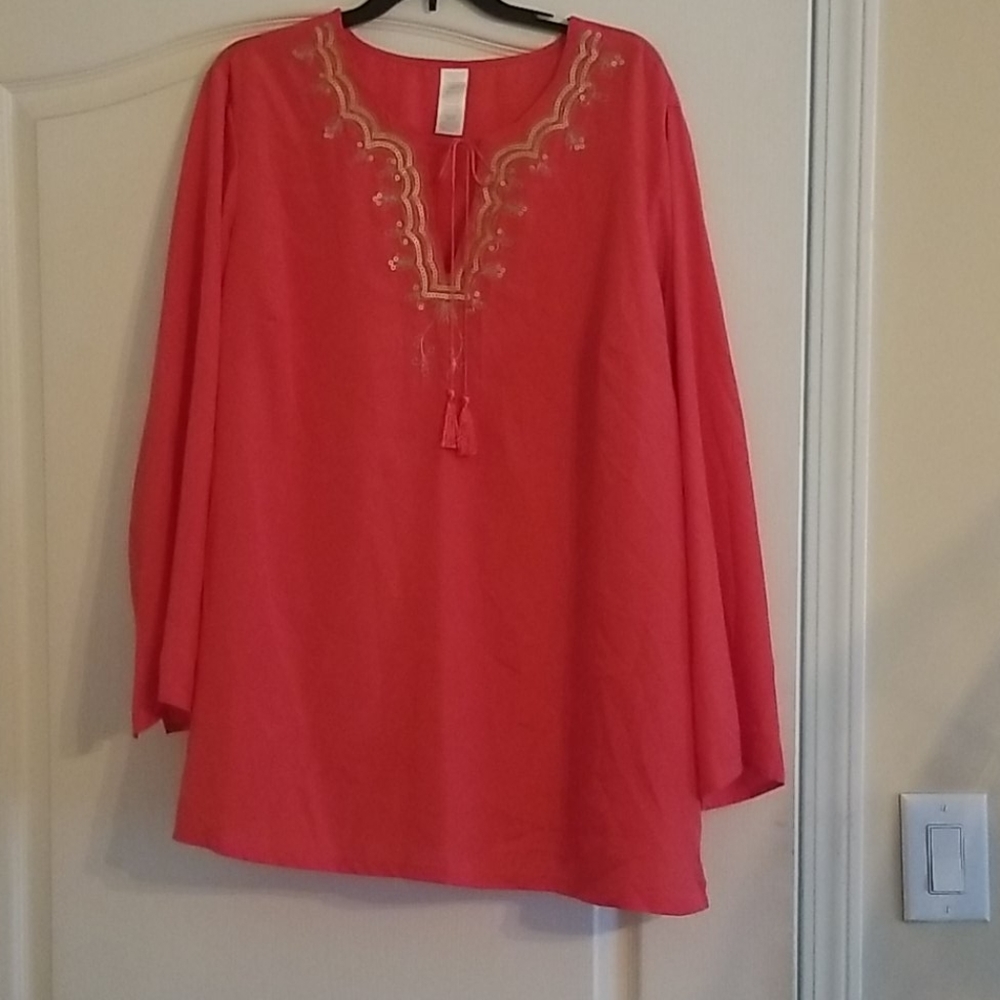 1X Coral sequin tunic top with tassels